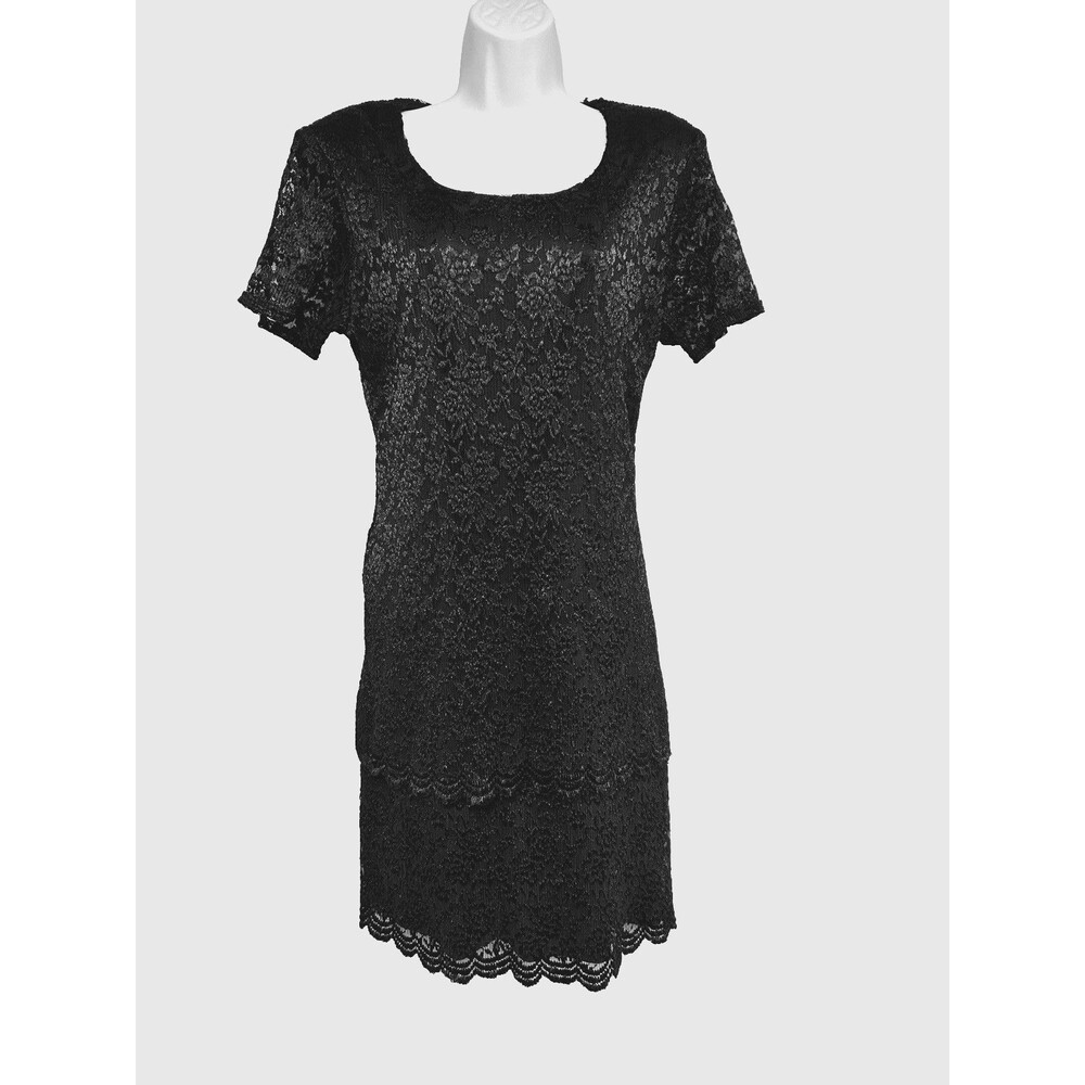 Vtg Bedford Fair Women Petite 14P Evening Dress Black Lace Tier Scalloped Hem